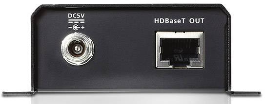 Un appareil électronique noir avec des ports 'DC5V' et 'HDBaseT OUT'. À gauche, un connecteur d'alimentation rond, à droite, un port LAN.