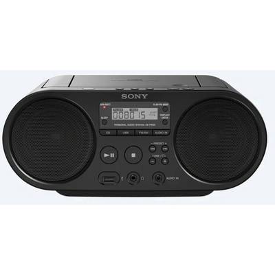 Système audio portable compact avec deux haut-parleurs, écran d'affichage, boutons de lecture et de contrôle. Nom de la marque sur le dessus.