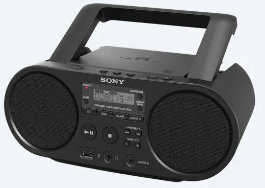 Lecteur cassette portable noir de Sony avec deux haut-parleurs et lecteur CD, touches de contrôle et poignée de transport.