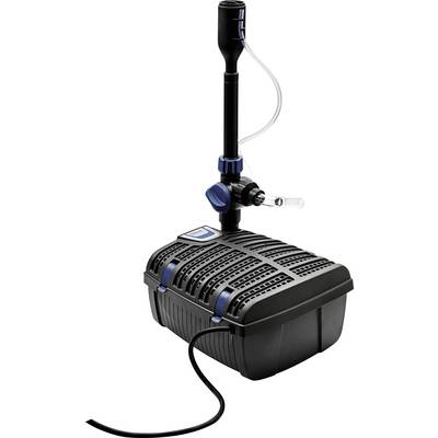 « Une pompe de fontaine noire et bleue avec un tuyau de sortie vertical, utilisée pour des éléments décoratifs aquatiques, présentée sur un fond uni. »