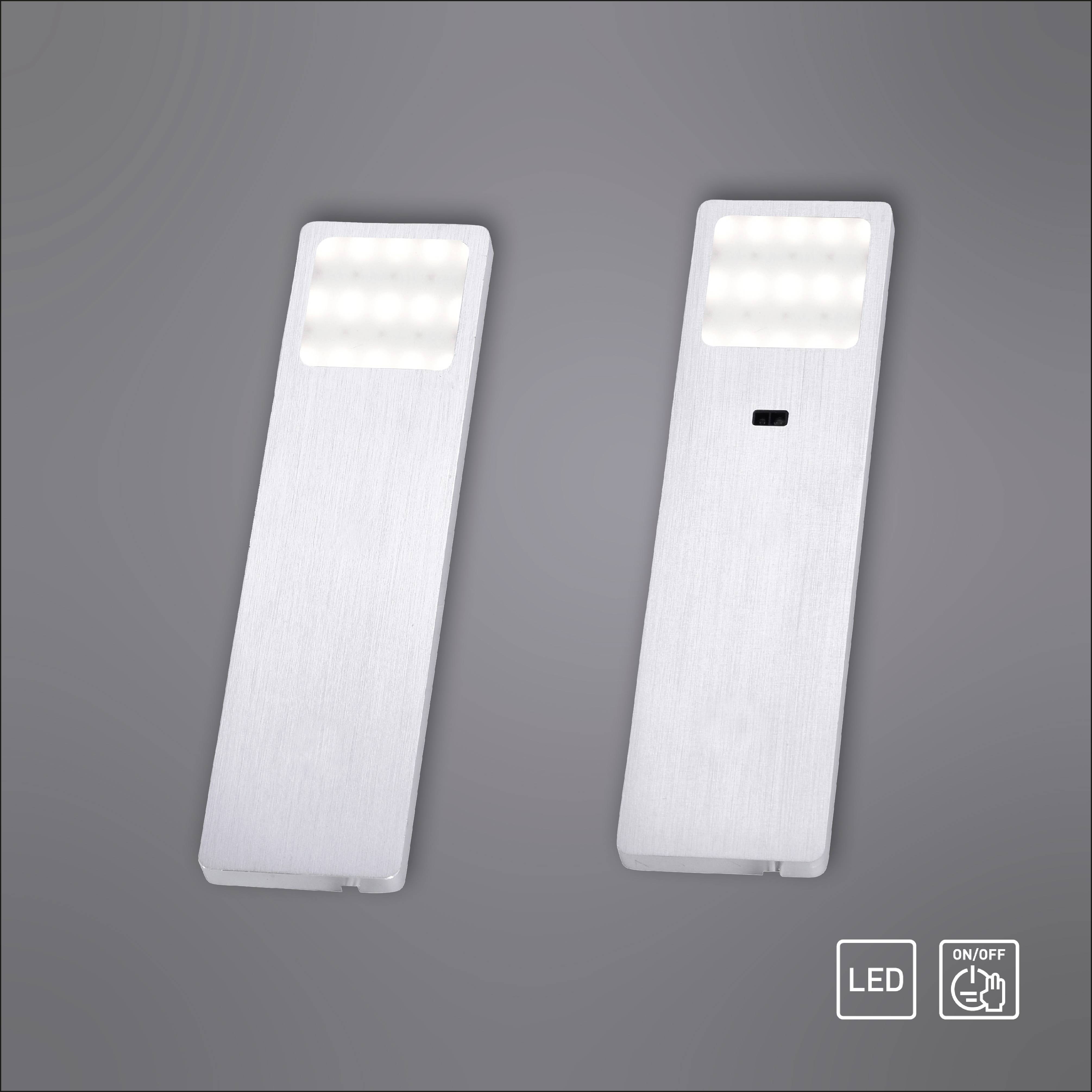 Deux bandes lumineuses LED blanches sur un fond gris. Symboles de LED et d'interrupteur marche/arrêt tactile en bas à droite.