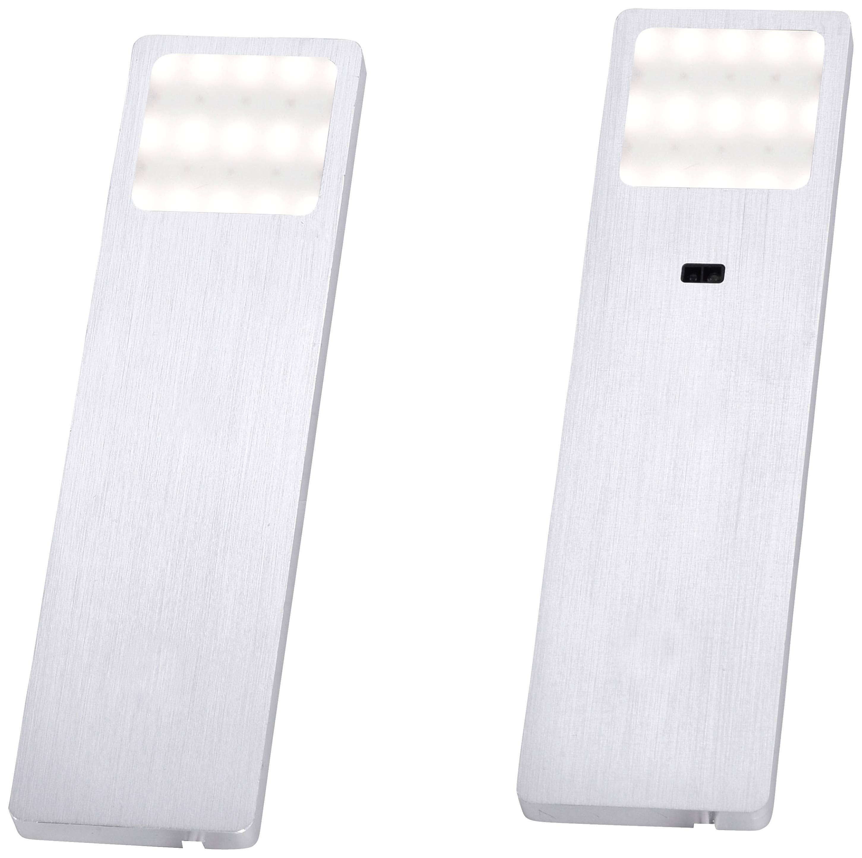 Deux lampes de lecture LED argentées avec des surfaces lumineuses rectangulaires. À gauche, la lampe est fermée, à droite, la lampe est ouverte avec le capteur visible.