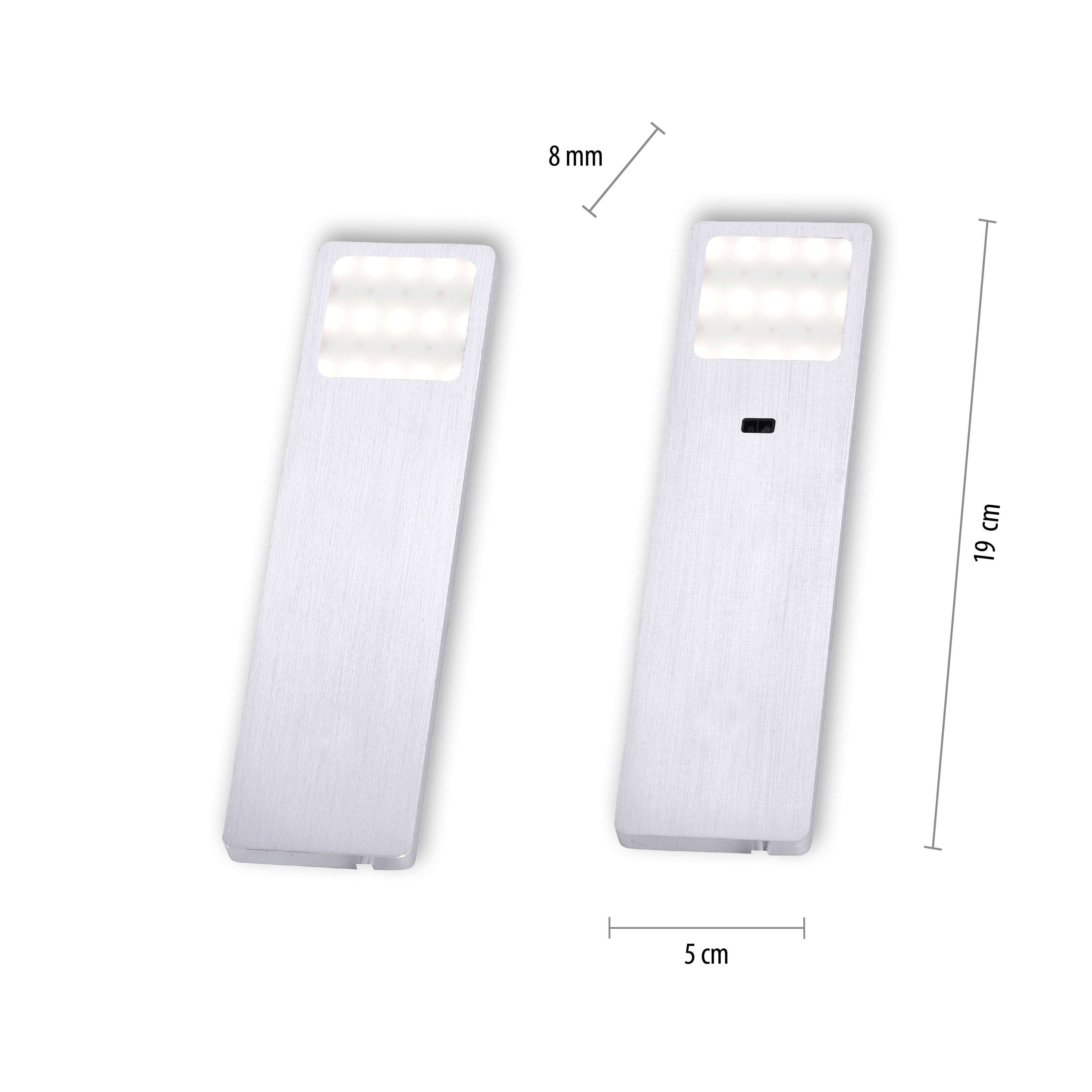 Deux luminaires LED rectangulaires, mesurant 19 cm de hauteur, 5 cm de largeur, avec une épaisseur de 8 mm. Ils présentent un design épuré et émettent une lumière brillante.