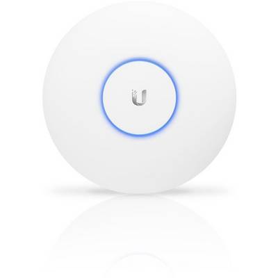 Routeur Wi-Fi blanc et rond avec un anneau LED bleu et un logo en forme de 'U' au centre, sur un fond blanc.