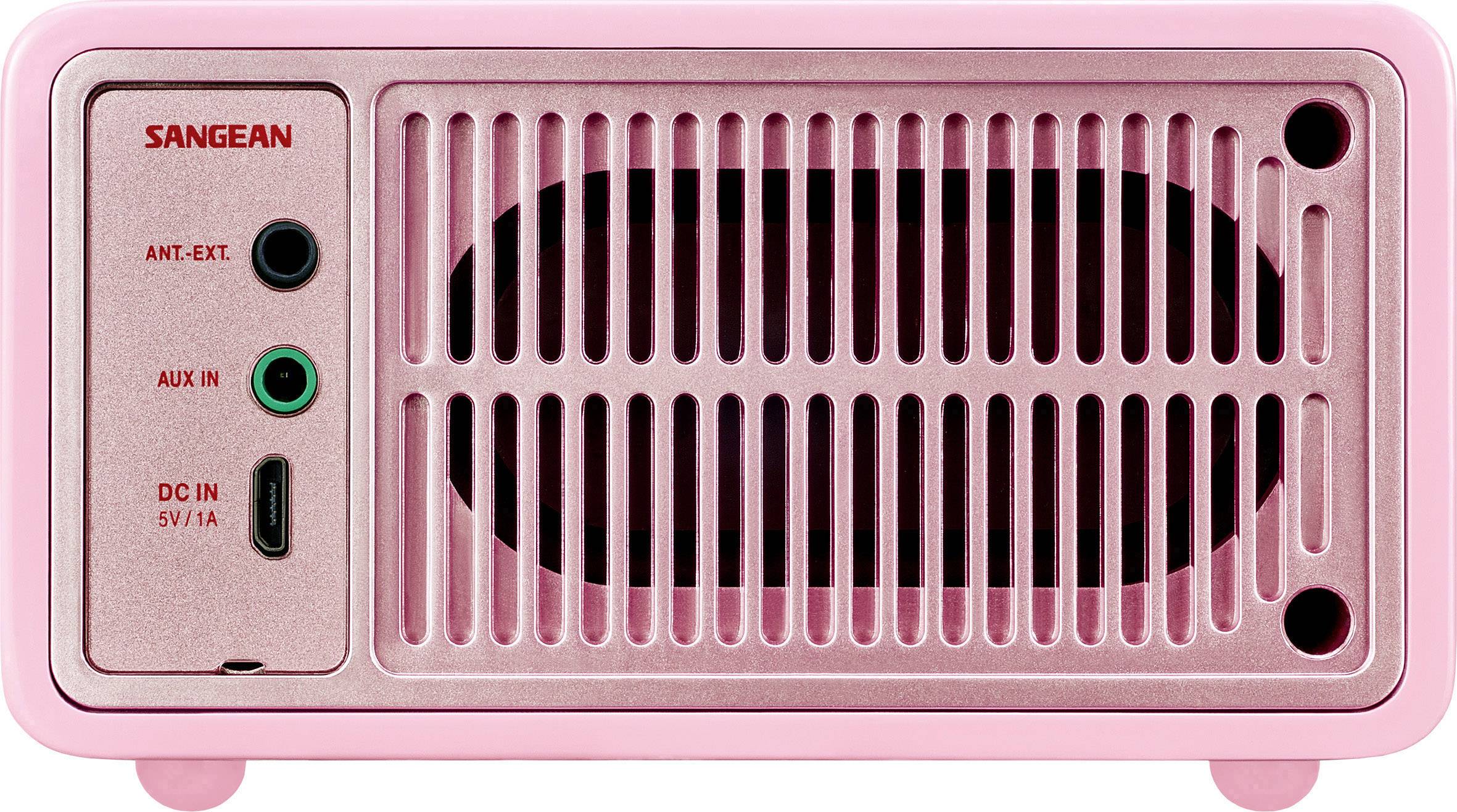 Un haut-parleur rose avec des connexions pour antenne, AUX et alimentation électrique.