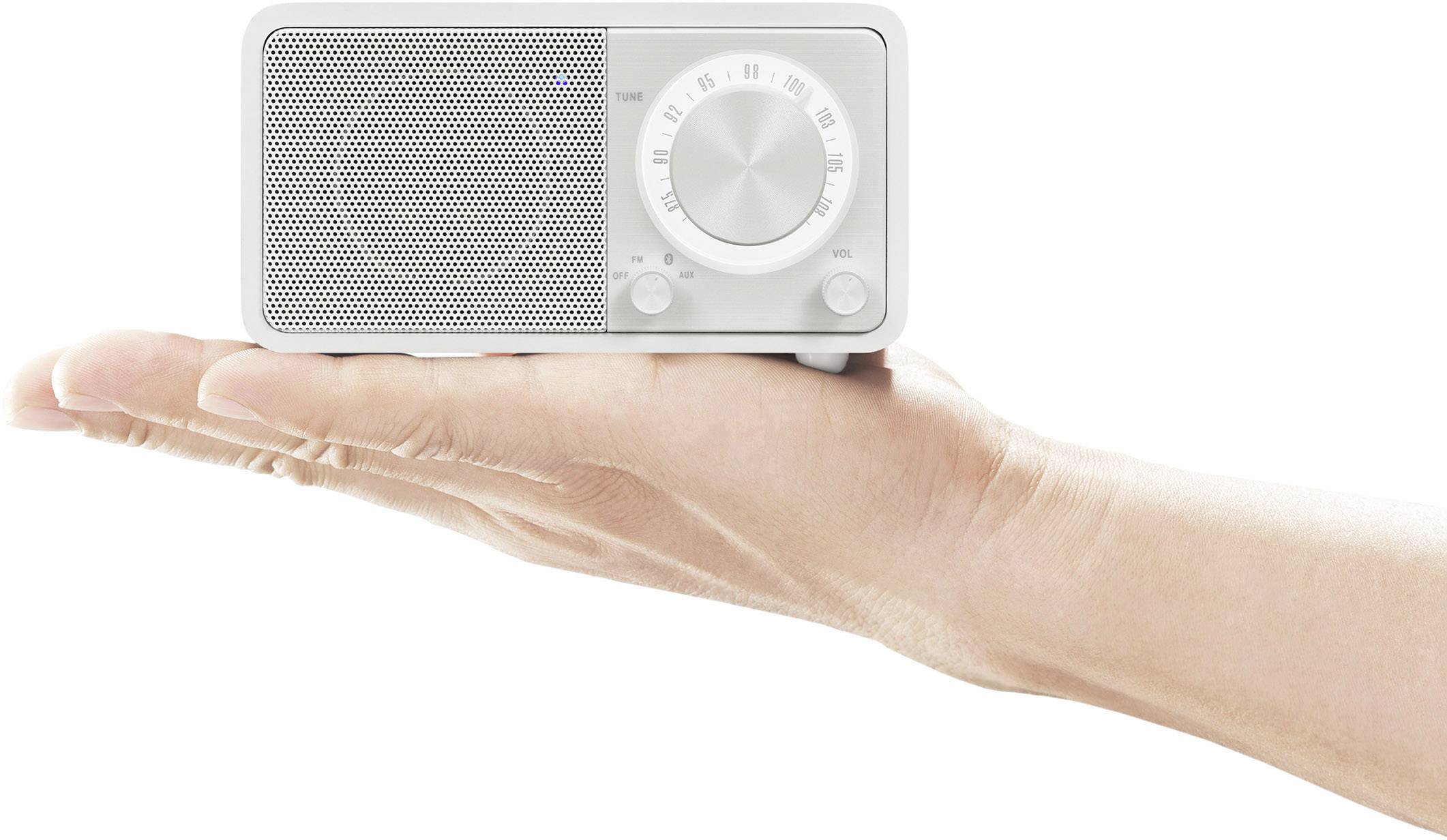 Une main tient une petite radio argentée avec des boutons rotatifs, transmettant une impression de portabilité et d'élégance minimaliste.