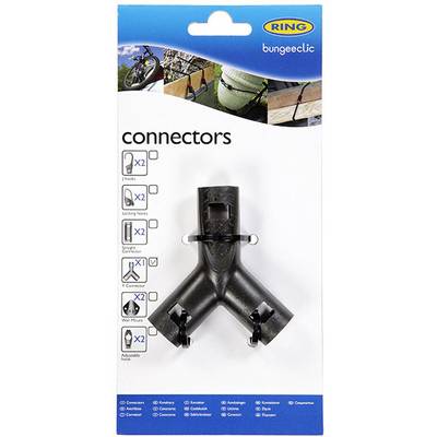 Emballage de 'Connecteurs Y à Clip Bungeeclip'. Illustre un connecteur noir en Y avec des applications sur des vélos et des bagages. Contient 2 pièces.