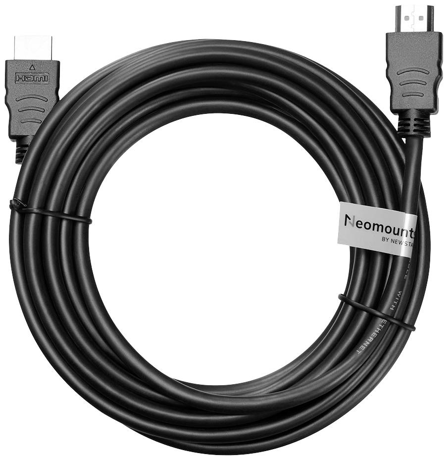Câble HDMI noir avec connecteurs HDMI aux deux extrémités. Nom de marque 'Neomounts' apposé sur un segment du câble.