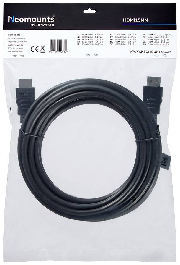Un emballage contenant un câble HDMI noir de la marque Neomounts. En haut est inscrit 'HDMI15MM'. Le câble est dans un étui en plastique transparent.