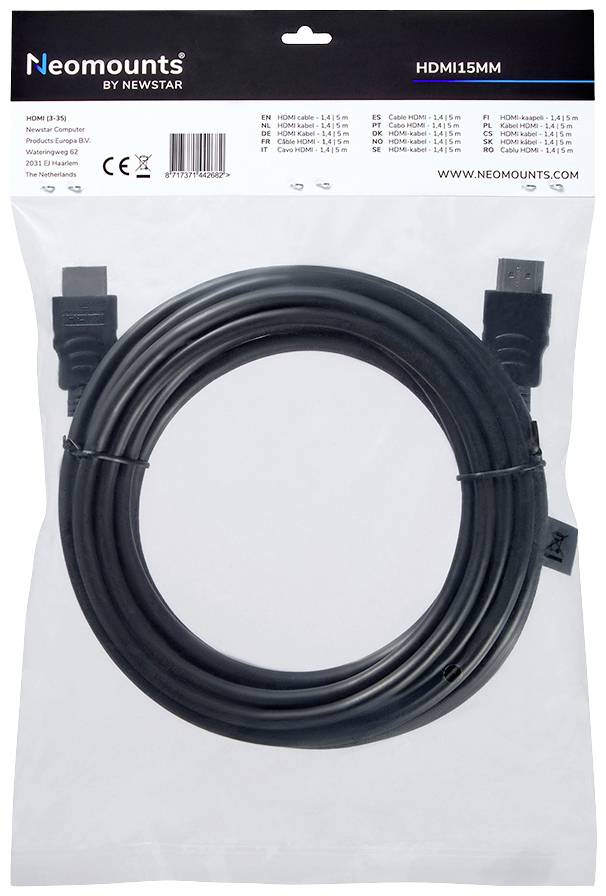 'Câble HDMI Neomounts by Newstar, 15 mètres, l'emballage montre la spirale du câble avec ses connecteurs.'