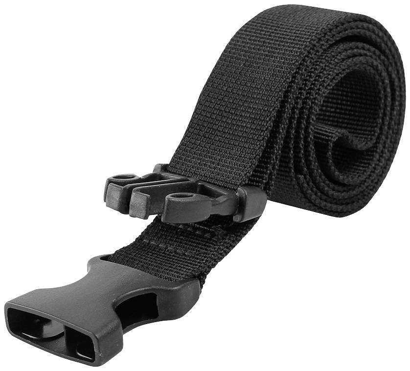 Sangle noire à enroulement avec boucle en plastique, souvent utilisée pour les bagages ou l'équipement de plein air afin de fixer ou de sécuriser des objets.