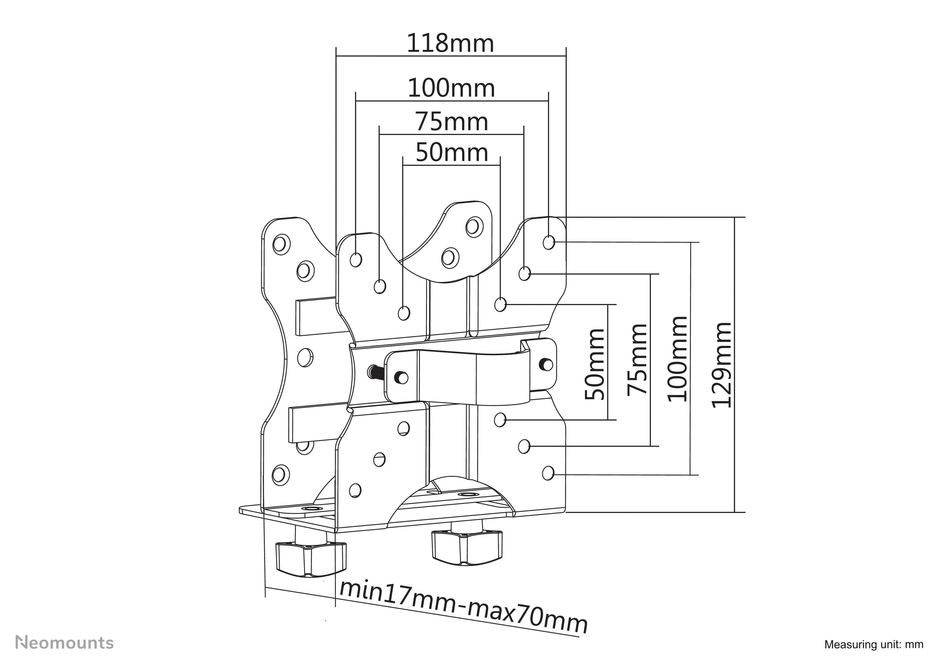 Dessin technique d'un support avec les dimensions suivantes : hauteur 129 mm, largeur 118 mm, distance entre les points 50 mm, largeur ajustable de 17 mm min à 70 mm max.