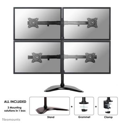 Un support de moniteur à quatre fixations, montrant trois options de montage : pied de support, fixation à travers la table et pince.