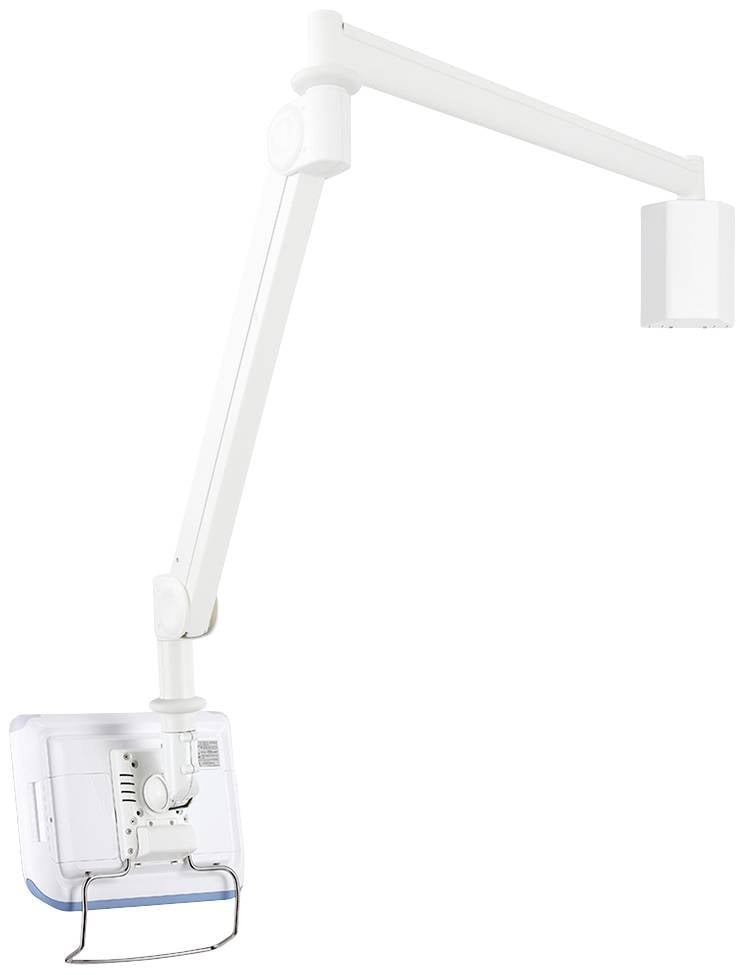 Support de plafond à bras long en blanc pour appareils médicaux, avec bras articulé flexible pour une mobilité et un ajustement optimaux.
