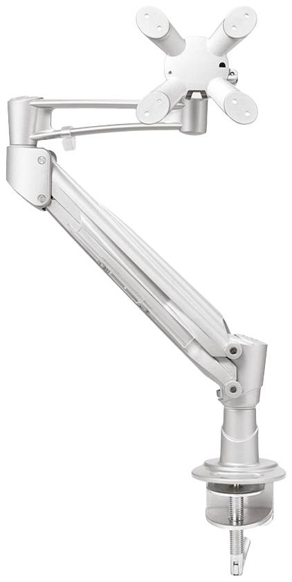 Bras de moniteur argenté avec pince de fixation, adapté pour la fixation d'un écran ; permet un positionnement flexible et un réglage en hauteur.