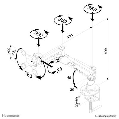 Bras de moniteur pivotant avec plusieurs points de rotation, longueurs de bras et hauteurs. Unité de mesure : mm. Adapté pour un positionnement flexible de l'écran.