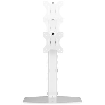 Un support de moniteur blanc avec deux supports superposés, adapté pour le montage de deux écrans l'un au-dessus de l'autre sur une table.