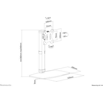 Diagramme d'un bras de moniteur réglable avec dimensions. La hauteur peut varier de 340 mm à 540 mm. Unité de mesure : mm.