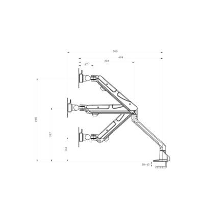 Dessin technique d'un bras de moniteur réglable avec dimensions : hauteur 490 mm, profondeur maximale 560 mm. Montre les points d'articulation et de fixation.