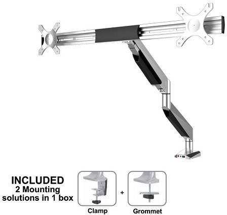 Bras de moniteur double avec deux options de fixation : pince et montage par traversée. Contient toutes les pièces dans un seul carton.
