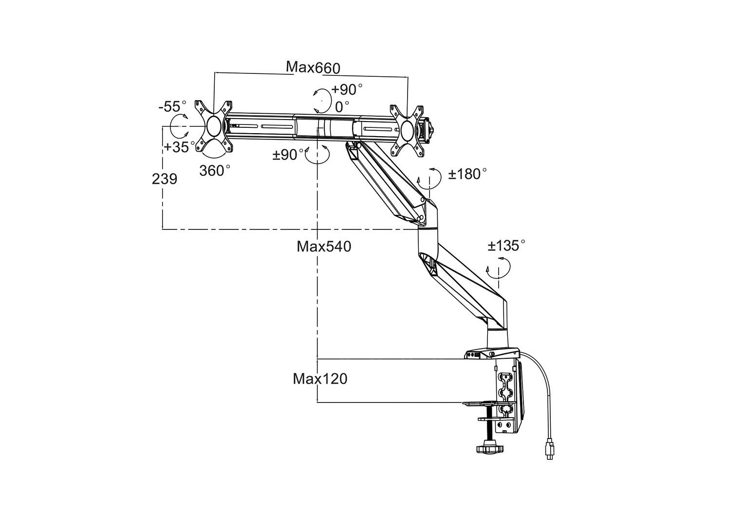 Diagramme d'un bras de moniteur avec cache : longueur max. 660 mm, plage de pivotement ±180°, angle d'inclinaison +90°/-55° en haut et ±135° en bas.