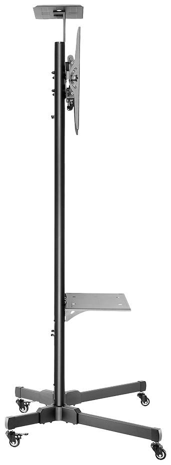 Un support de moniteur noir flexible avec roulettes et fonction de réglage en hauteur, adapté aux espaces de bureau ou de présentation.