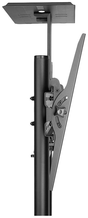Vue latérale d'un support de plafond noir pour moniteurs avec fonction d'inclinaison. Le support présente un design élégant et moderne.