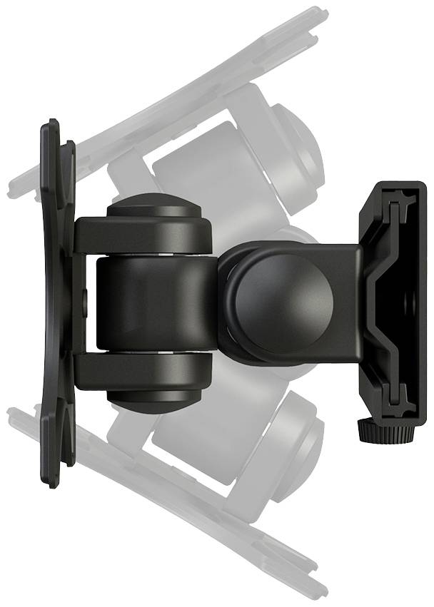 Un support de moniteur noir en vue latérale montre des fonctions de rotation et d'inclinaison, avec un support et des articulations permettant un positionnement flexible.
