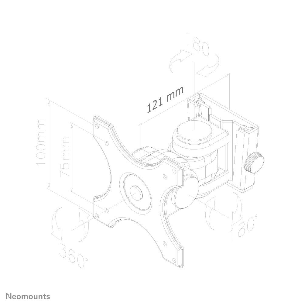La figure présente un support de moniteur pivotant avec les dimensions suivantes : 121 mm de distance, 100 mm de hauteur, 75 mm de profondeur. Plage de mouvement : rotation à 360°, inclinaison à 180°.