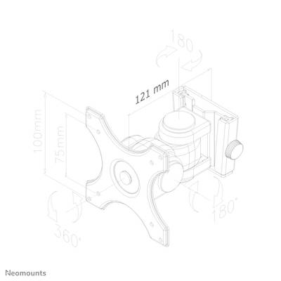 La figure présente un support de moniteur pivotant avec les dimensions suivantes : 121 mm de distance, 100 mm de hauteur, 75 mm de profondeur. Plage de mouvement : rotation à 360°, inclinaison à 180°.
