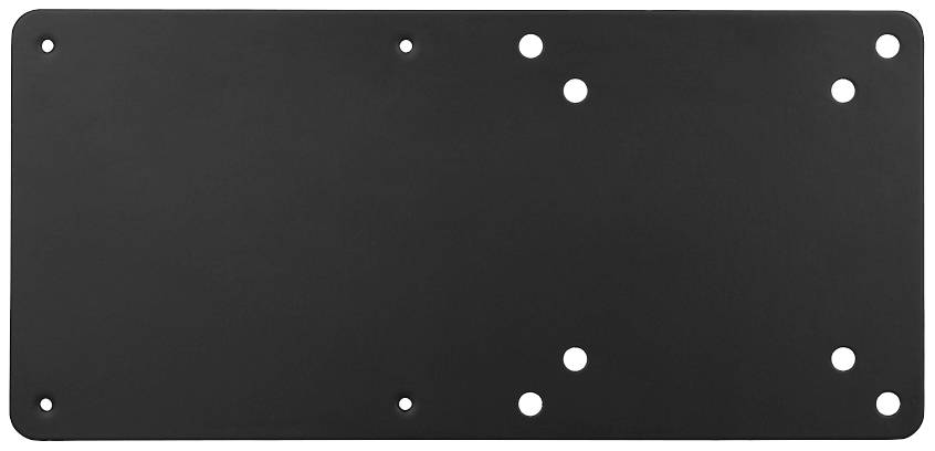 Plaque rectangulaire noire en métal avec plusieurs trous. Adaptée pour la fixation ou le montage d'objets.