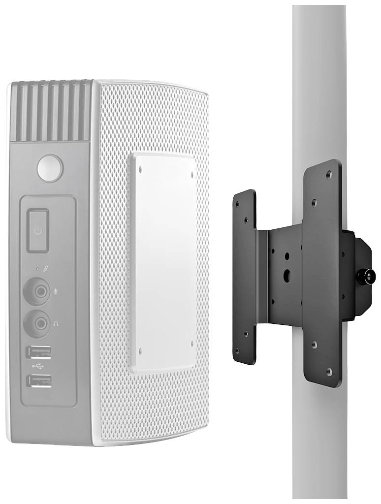Appareil rectangulaire semi-transparent situé à gauche d'un support en métal noir fixé à une tige verticale.