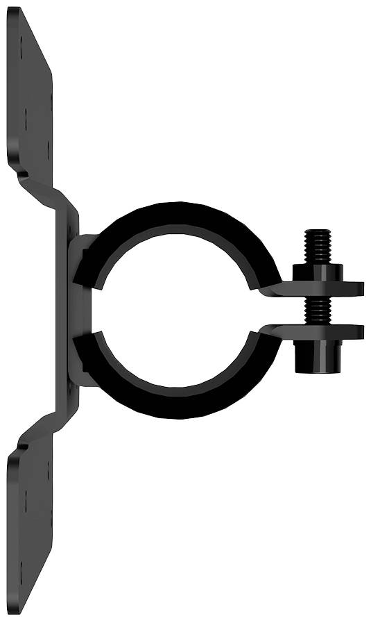 Support de fixation métallique avec vis pour attacher des tuyaux ou des câbles à une surface. La vue latérale montre une boucle de support centrale.
