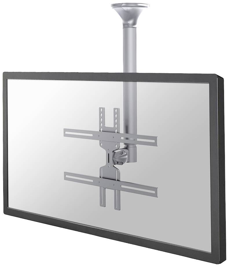 Un support de plafond réglable en métal pour téléviseur, sur lequel un écran plat est monté, idéal pour des angles de vue flexibles.