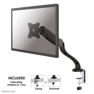 Un moniteur est fixé à un bras noir réglable. Deux solutions de fixation, à pince et par perçage, sont incluses.