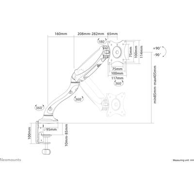 'Plan technique d'un bras de moniteur réglable. Hauteur : min. 85 mm - max. 405 mm. Inclinaison : ±90°. Rotation : 360°.'
