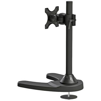 Support de moniteur noir avec pied en V et bras ajustable, adapté aux écrans d'ordinateur. Idéal pour l'organisation du bureau.