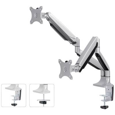 Support de moniteur à deux bras ajustables, adapté pour une fixation sur bureau. Systèmes de serrage et de vissage illustrés ci-dessous.