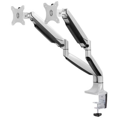 Support de moniteur double, réglable, argenté avec des détails noirs, fixation par pince pour bureau.
