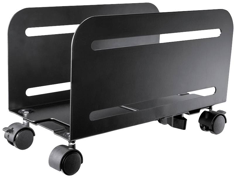 Support PC vertical noir sur roulettes, adapté pour positionner un boîtier d'ordinateur verticalement.