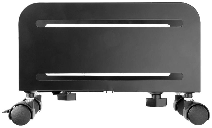Support d'ordinateur mobile noir avec des fentes de ventilation, roulant sur quatre roues.