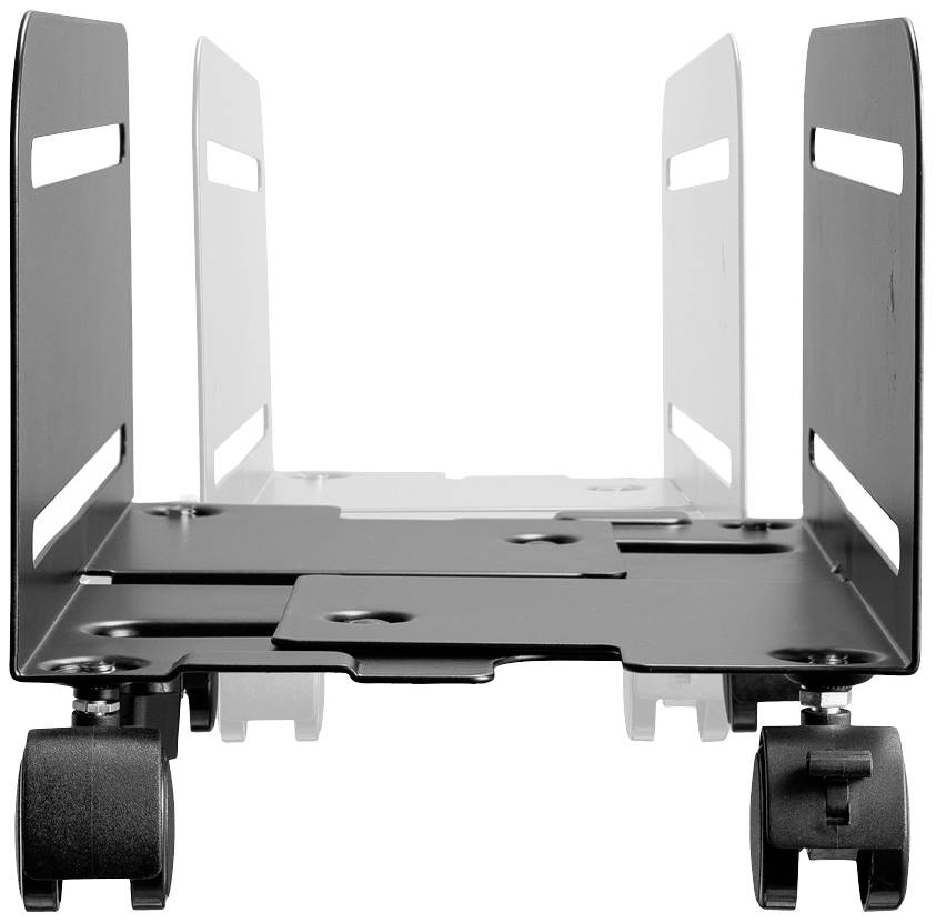 Un support de boîtier d'ordinateur noir et réglable, équipé de quatre roulettes, conçu pour placer un PC en toute sécurité sous un bureau.