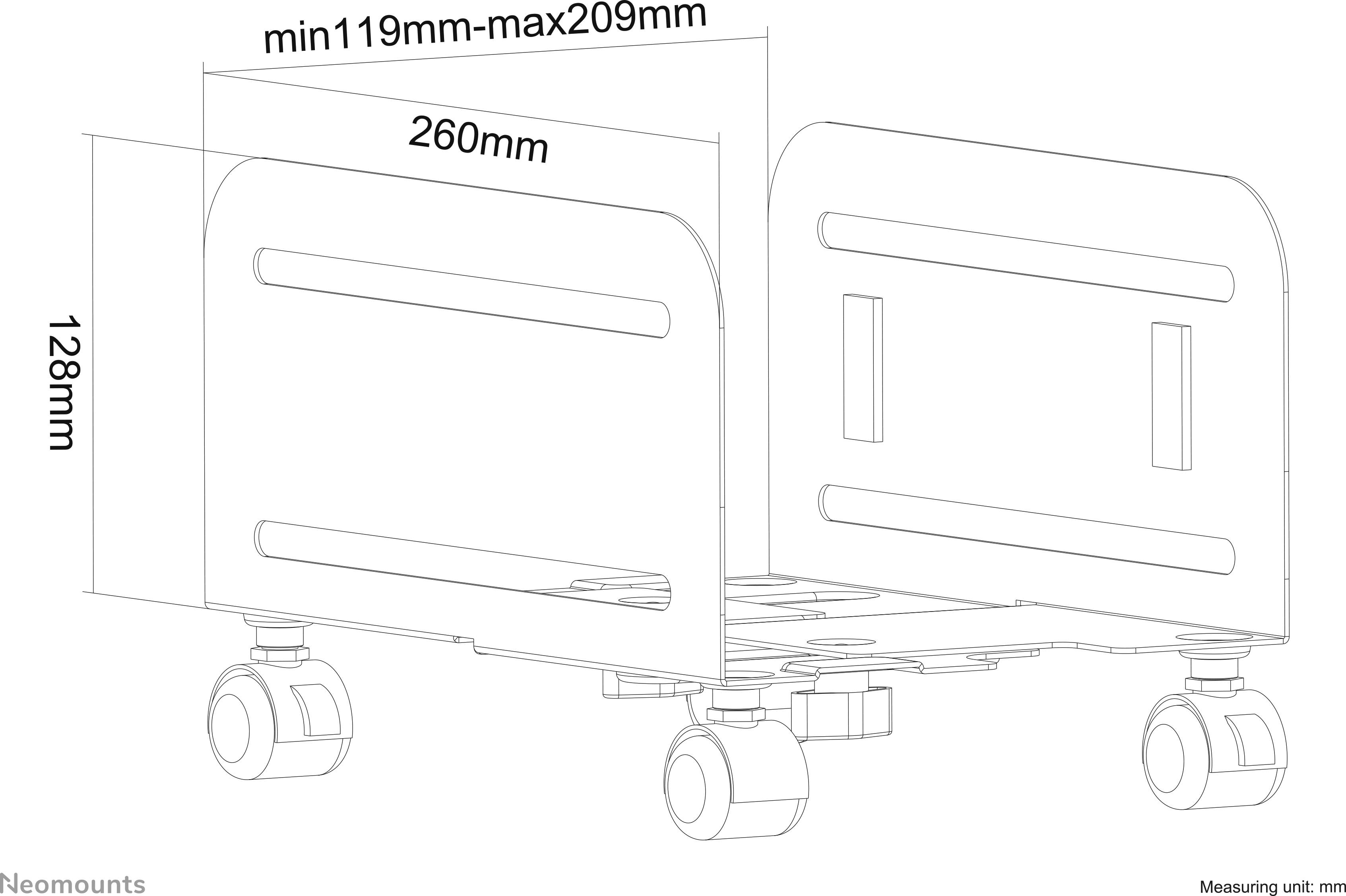 'Esquisse d'un chariot mobile avec indications dimensionnelles : largeur 260 mm, hauteur 128 mm, longueur ajustable entre 119 mm et 209 mm.'