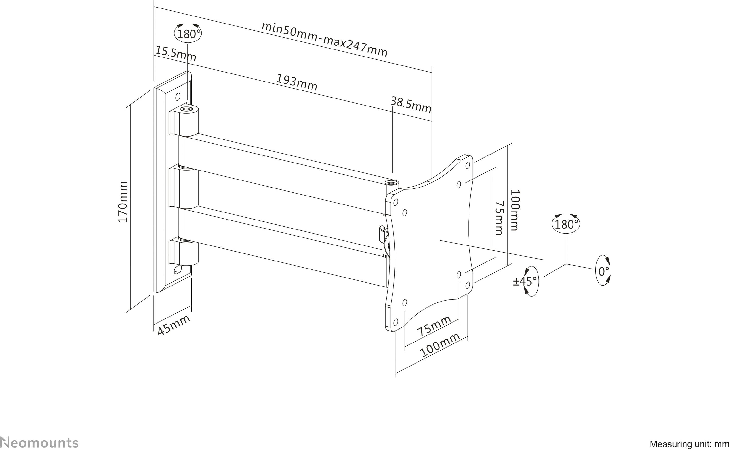 Dessin technique d'un support de moniteur avec dimensions. Le support est réglable de 50 mm à 247 mm. Angle d'inclinaison : +5° à -10°.