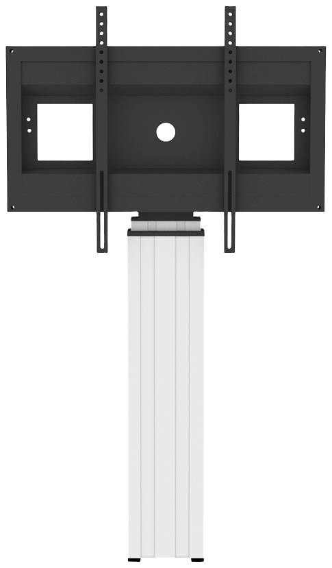 Un support TV noir avec bras ajustable sur un socle blanc. Idéal pour un montage flexible des téléviseurs au mur.