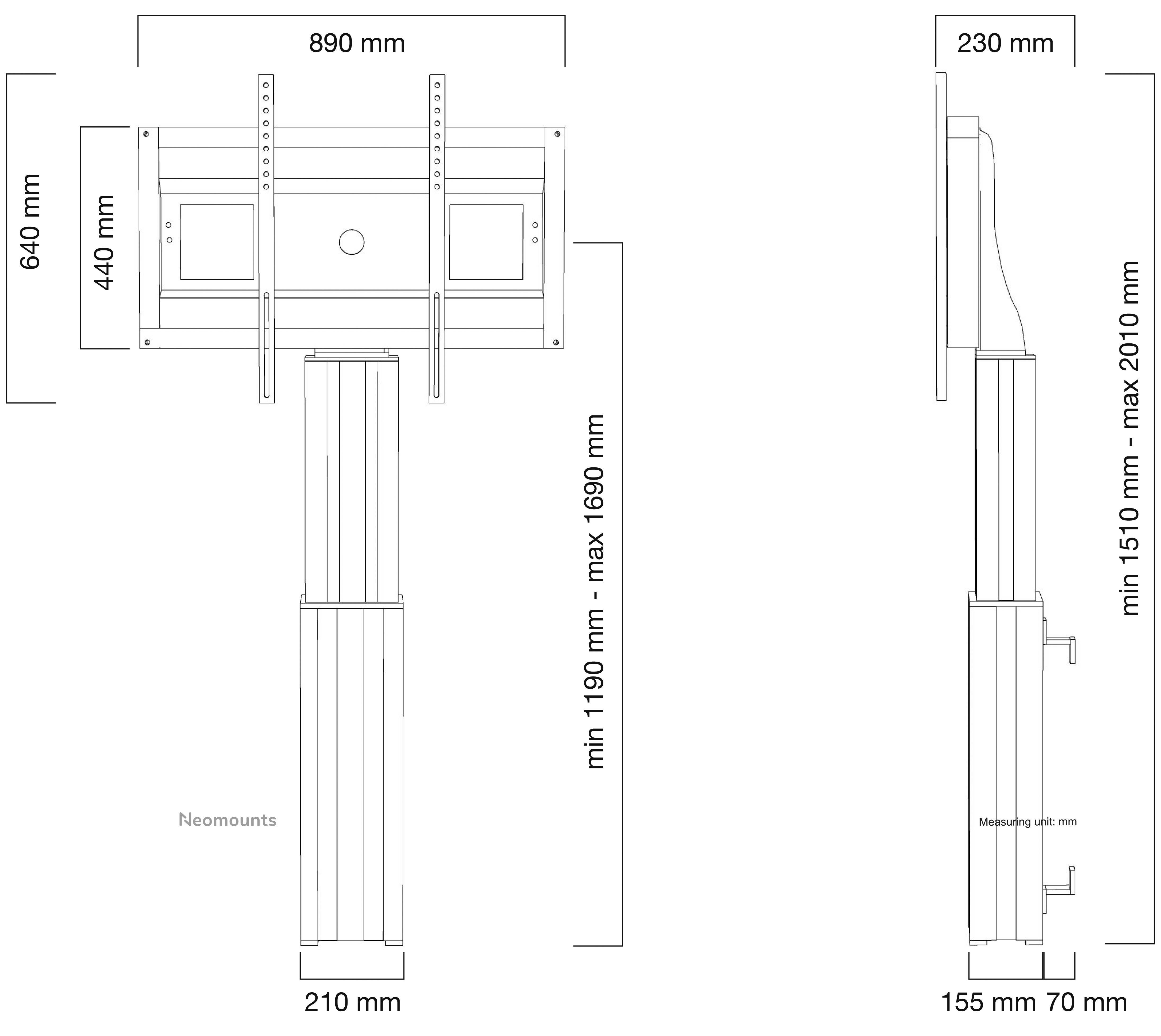 Diagramme d'un poteau de télévision réglable en hauteur avec dimensions : largeur 890 mm, hauteur 640 mm à 1690 mm. Vue latérale montrant une profondeur de 230 mm.