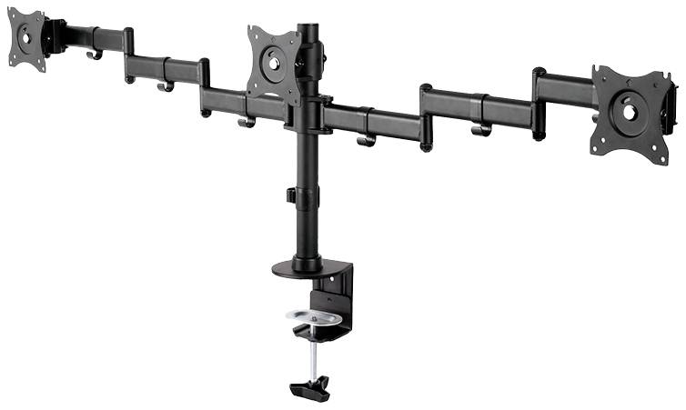 Un support triple écran noir avec pince de fixation pour bureau. Adapté pour installer trois écrans côte à côte.