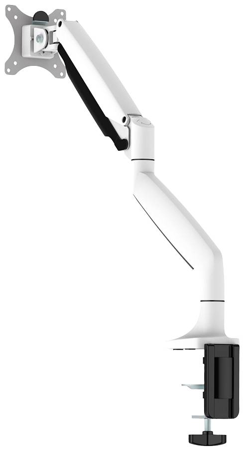 Un bras de moniteur réglable pour montage sur bureau, en blanc et noir, avec pince de fixation. Idéal pour un positionnement flexible de l'écran.