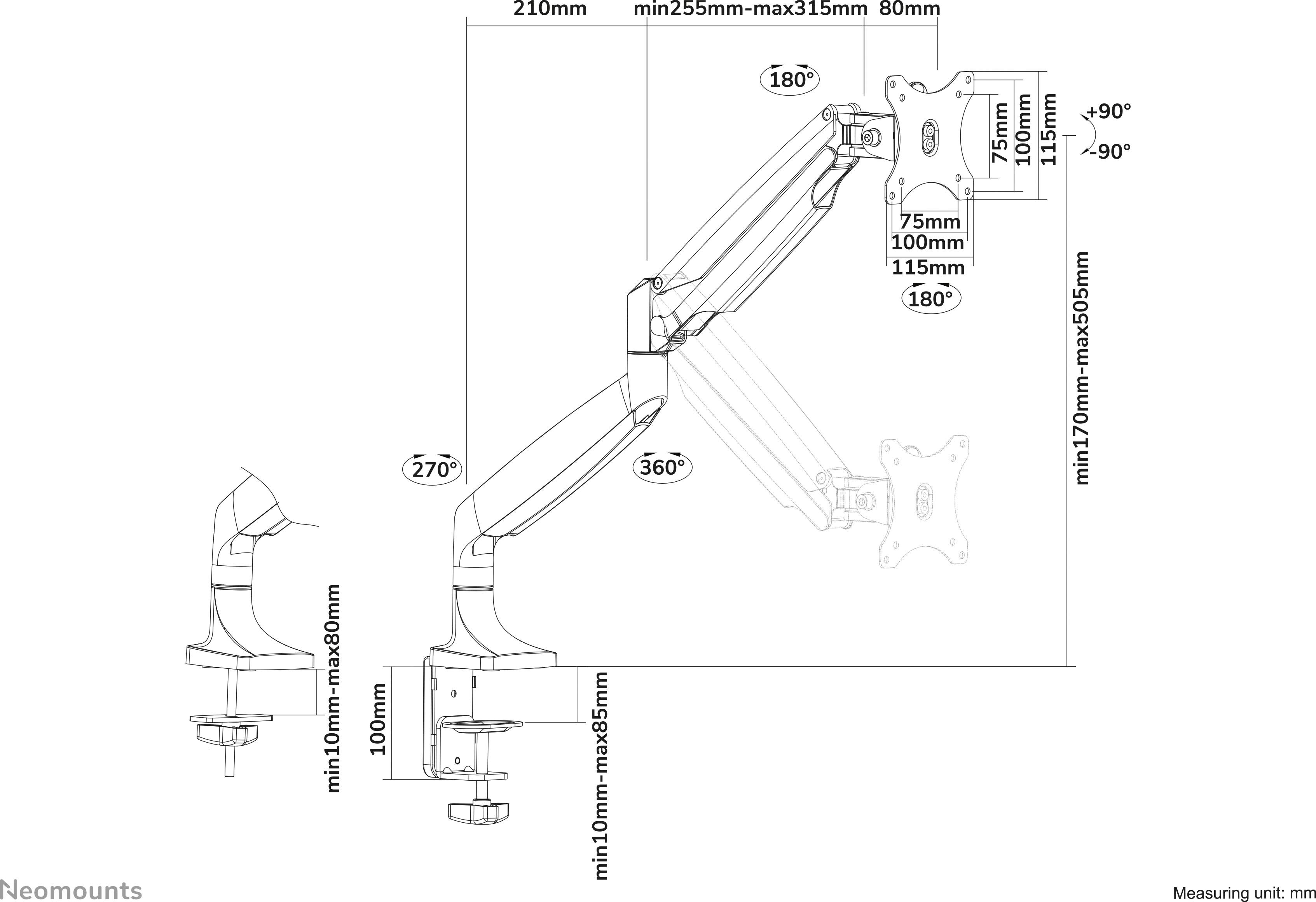 'Dessin d'un support de moniteur ajustable avec dimensions et angles de rotation. Comprend des indications sur la hauteur et la portée maximales et minimales.'
