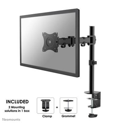 Support de moniteur avec un écran monté sur un bras articulé. Dans la partie inférieure : deux solutions de fixation, pince et montage par perçage.